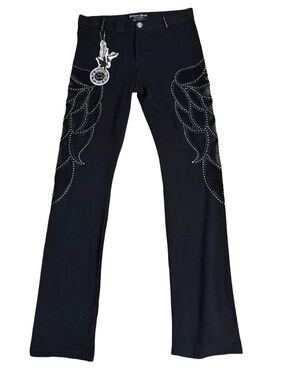 Platinum Plush Studded Embellished Mesh Cutout Wings Bootcut Pants XL Black NWT